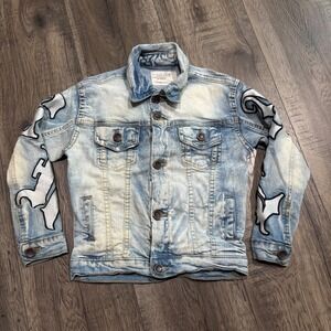 Evolution In Design Denim‎ Jacket Kids Size 5 Blue Gothic Patch Distressed